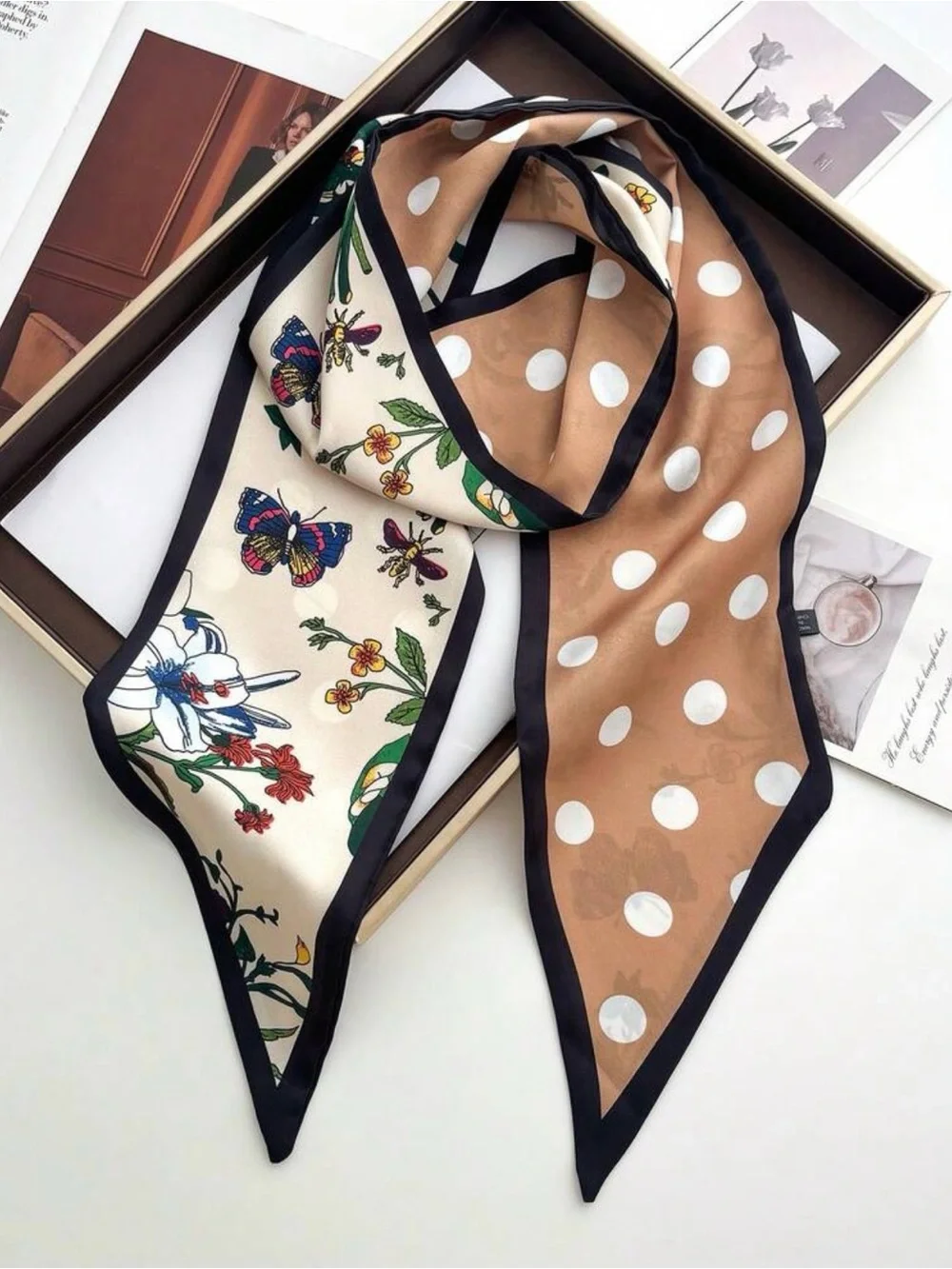 Floral & Polka Dot Silk-Feel Neck/Hair Accessory Scarf in Beige and Cream